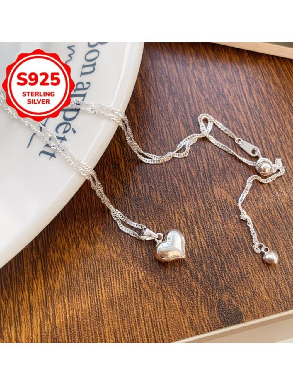 Puff Heart Pendent Necklace Twist Chain S925 Sterling Plate over Stainless Steel